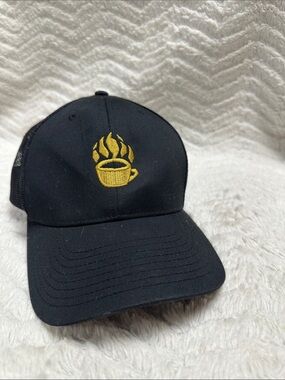 Richardson Style 112 Black Trucker Cap with Yellow Coffee Cup Emblem, Snap Back